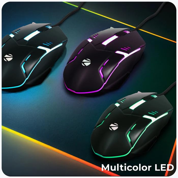 ZEBRONICS Zeb Scorpio Pro with a High-Performance Gold-Plated USB Mouse: 3 Buttons, Multi-Color LED Lights,High-Resolution Sensor with 1.3 metre Braided Cable, and DPI Switch(Black)