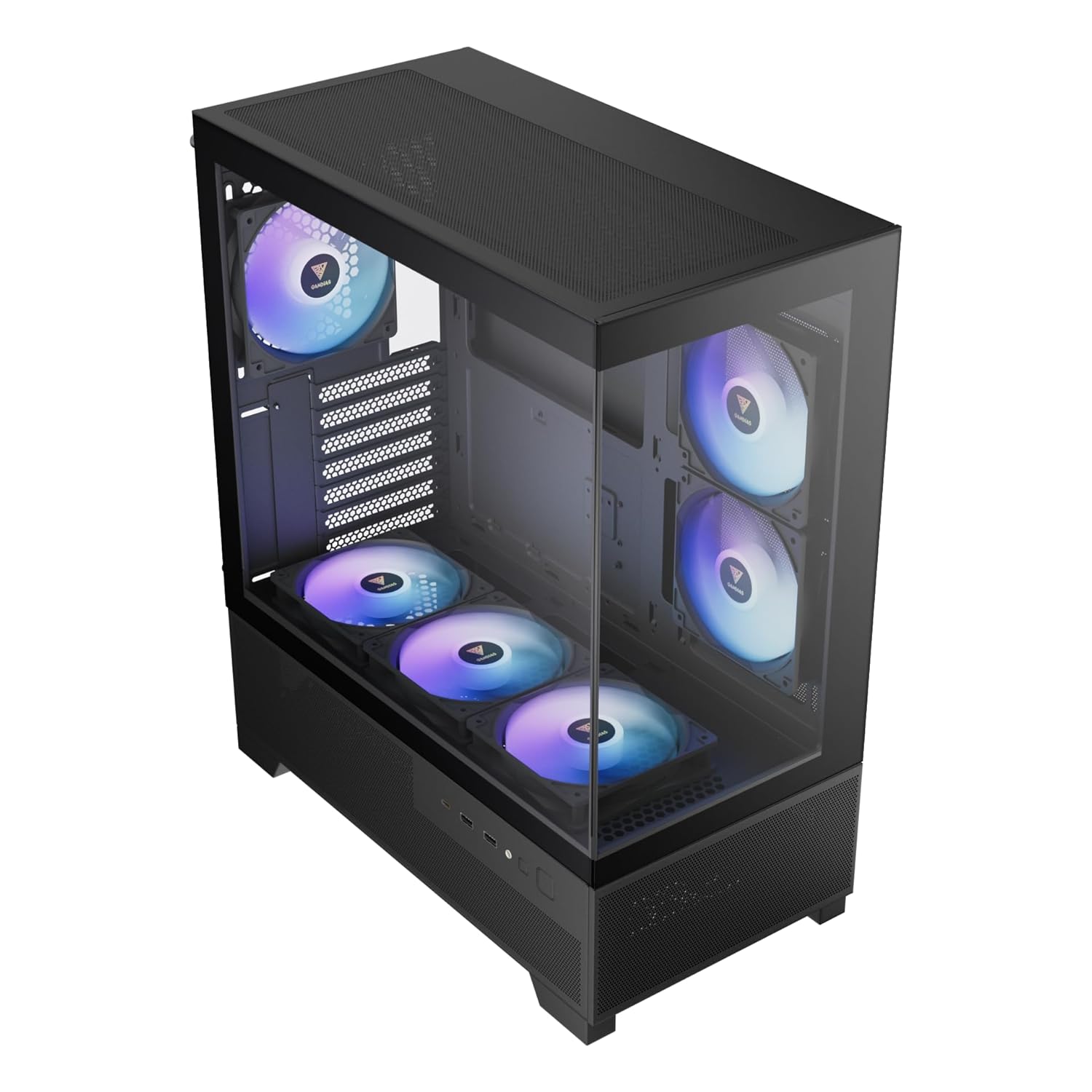 GAMDIAS Aura GC12 ARGB - Panoramic Argb MID-Tower CASE/Gaming Cabinet | 6 Built-in 120mm ARGB Fans, Supports Mini-ITX, Micro-ATX, and ATX, AIO Support Top: 360mm, 280mm/ Side: 240mm/ Rear: 120mm