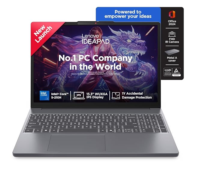 Lenovo IdeaPad Slim 3 14th Gen Intel Core 5 210H 15.3 inch (38.8cm) WUXGA IPS Laptop (24GB RAM/1TB SSD/Windows 11/Office Home 2024/Backlit Keyboard/1Yr ADP Free/Grey/1.6Kg), 83K4004VIN