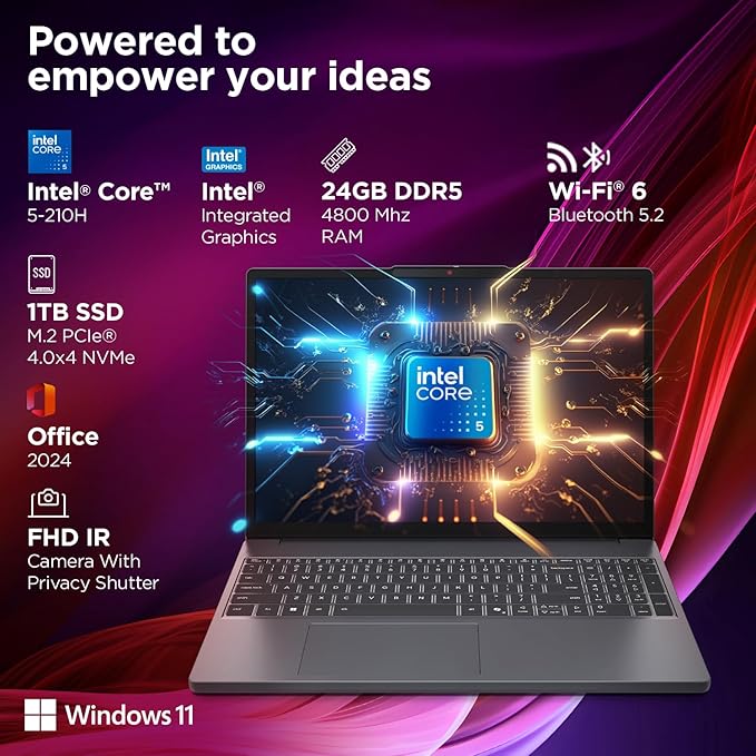 Lenovo IdeaPad Slim 3 14th Gen Intel Core 5 210H 15.3 inch (38.8cm) WUXGA IPS Laptop (24GB RAM/1TB SSD/Windows 11/Office Home 2024/Backlit Keyboard/1Yr ADP Free/Grey/1.6Kg), 83K4004VIN