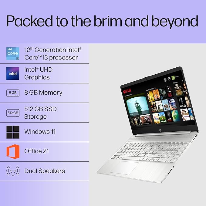 HP 15s, 12th Gen Intel Core i3-1215U (8GB DDR4, 512GB SSD) Anti-Glare, 15.6"/39.6cm,FHD, Win 11, MS Office 21, Silver, 1.69kg, fy5006tu/fd0751tu/fd0752tu, UHD Graphics, HD Camera, Dual Speakers Laptop