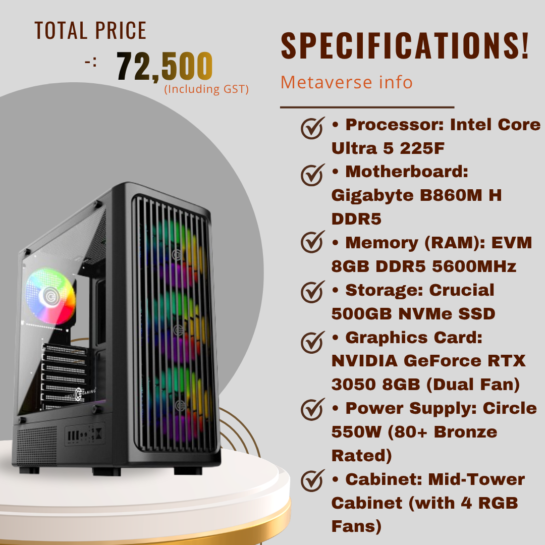 Intel Core Ultra 5 225F Gaming PC (RTX 3050 8GB, 8GB DDR5, 500GB NVMe)