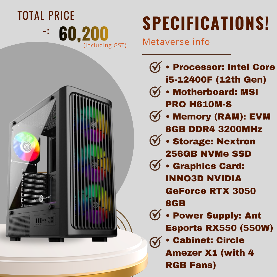 Intel Core i5 12400F Gaming PC RTX 3050 8GB Graphics Desktop with i5 12th Gen Processor