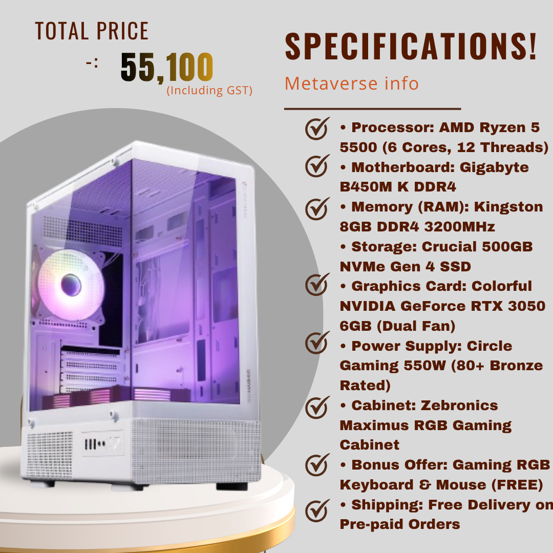 AMD Ryzen 5 5500 Gaming PC (RTX 3050 6GB, 8GB RAM, 500GB Gen4 NVMe)