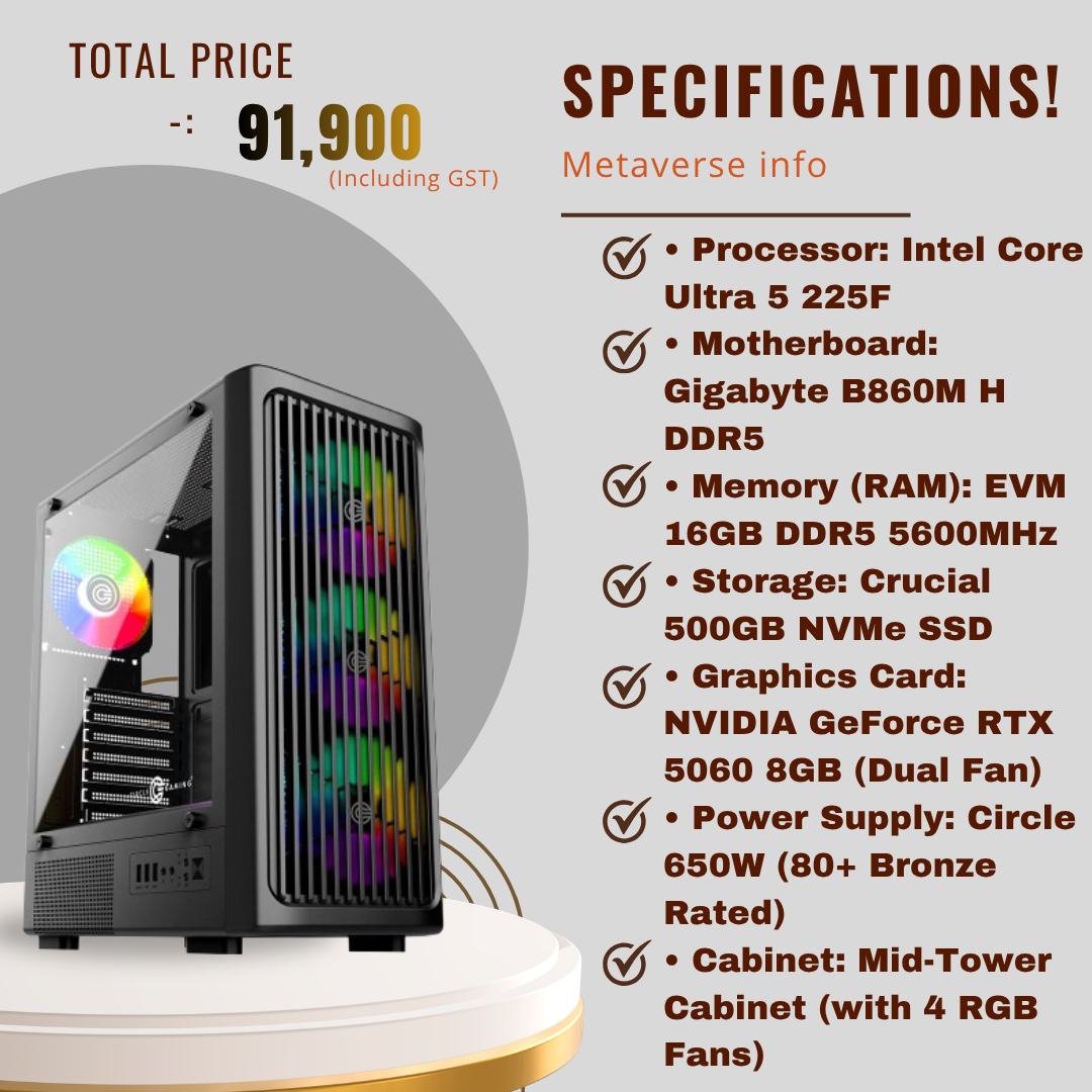 Intel Core Ultra 5 225F Gaming PC (RTX 5060 8GB, 16GB DDR5, 500GB NVMe)