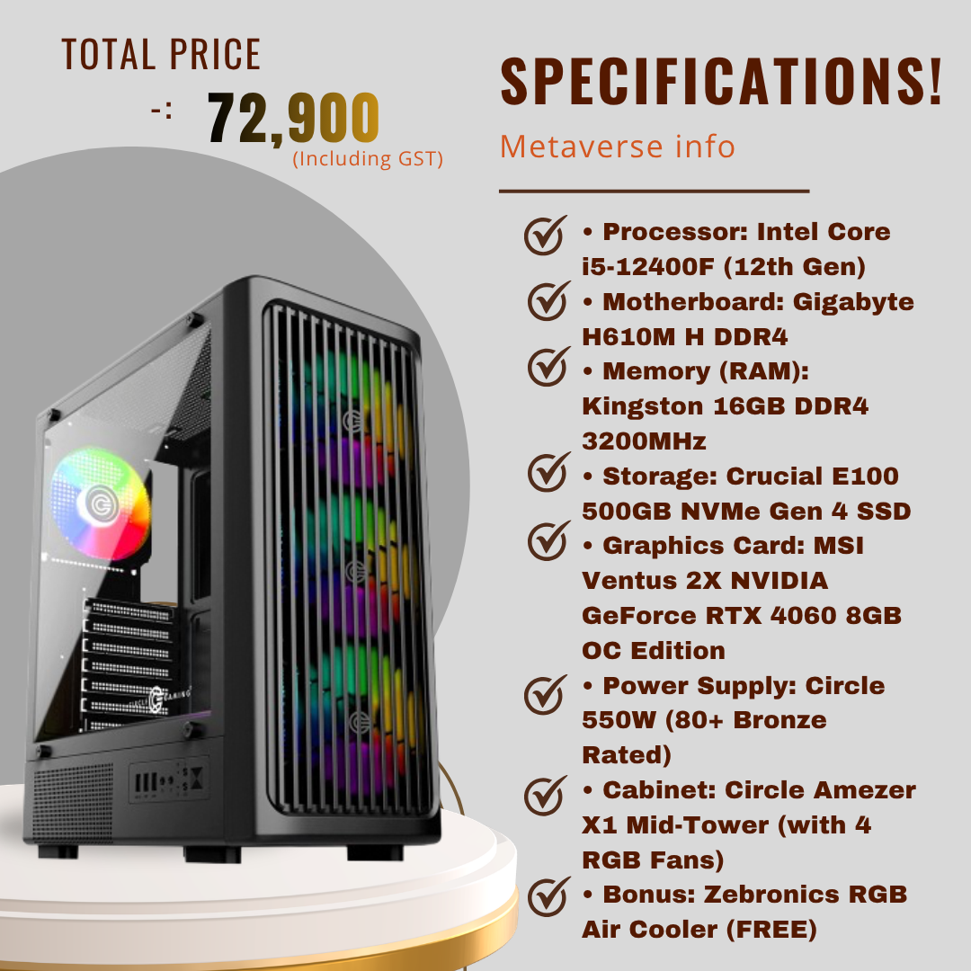 Intel Core i5 12400F Gaming PC (RTX 4060 8GB, 16GB DDR4, 500GB Gen4 NVMe)