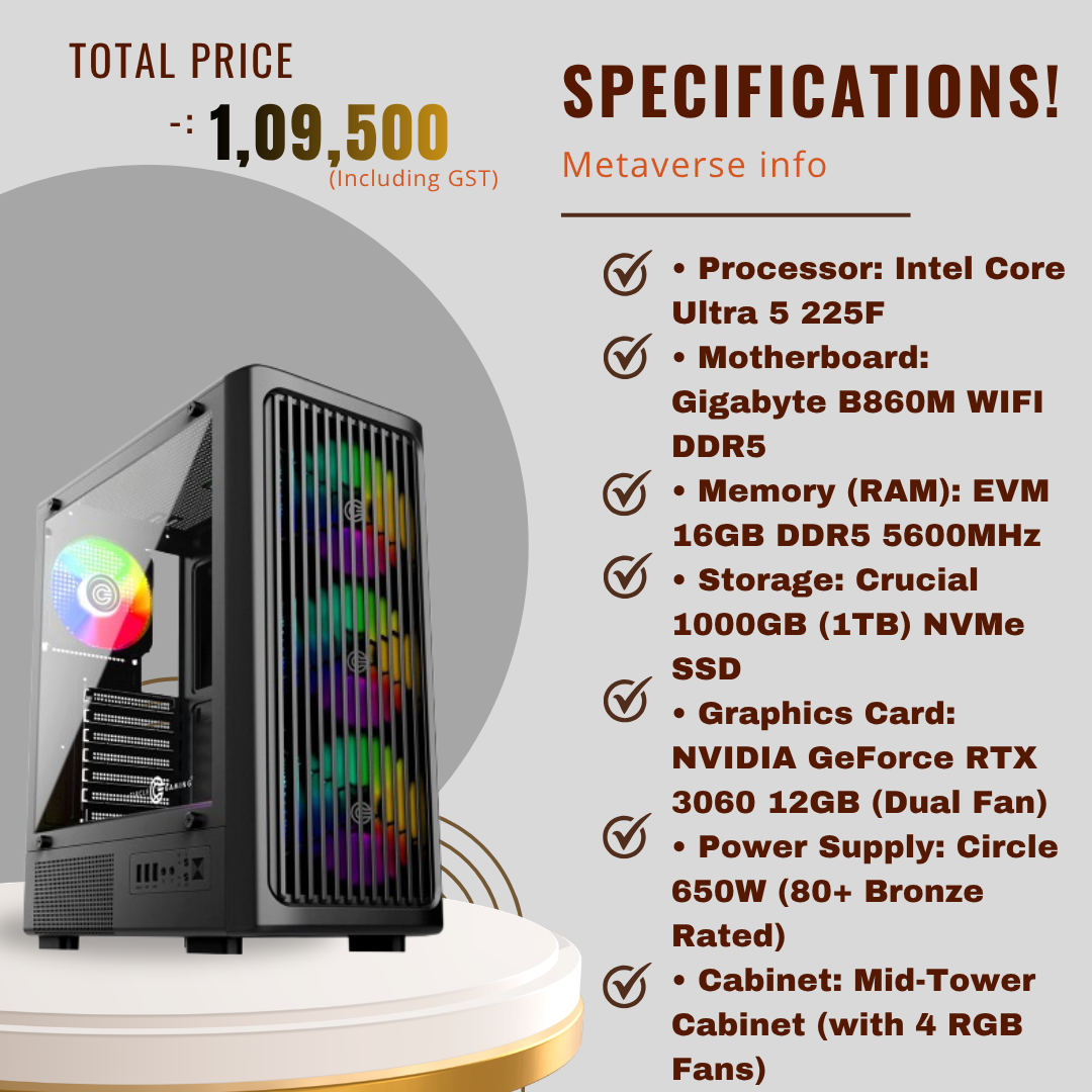 Intel Core Ultra 5 225F Gaming PC (RTX 3060 12GB, 16GB DDR5, 1TB SSD, WiFi)