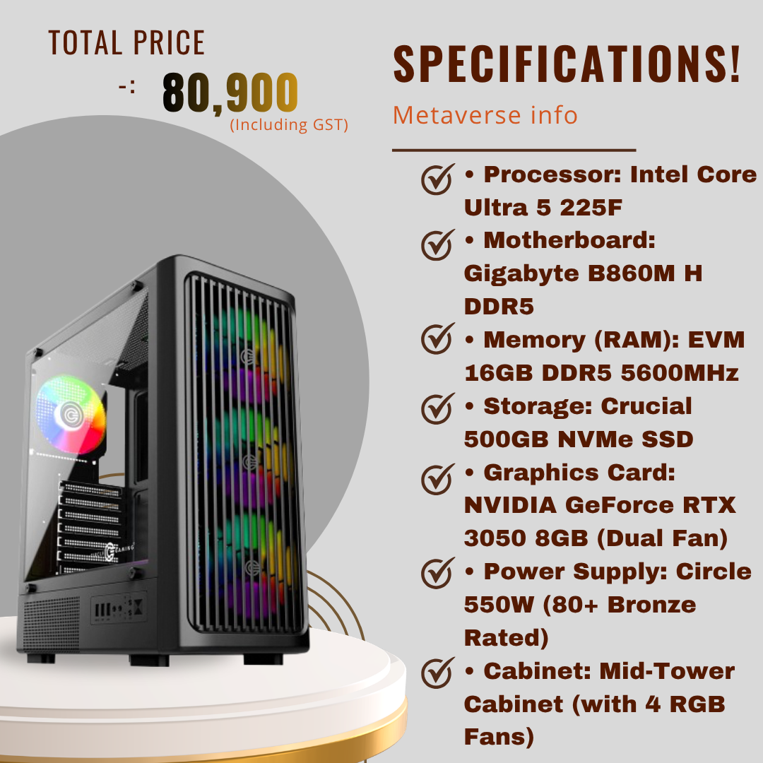 Intel Core Ultra 5 225F Gaming PC (RTX 3050 8GB, 16GB DDR5 RAM, 500GB NVMe)