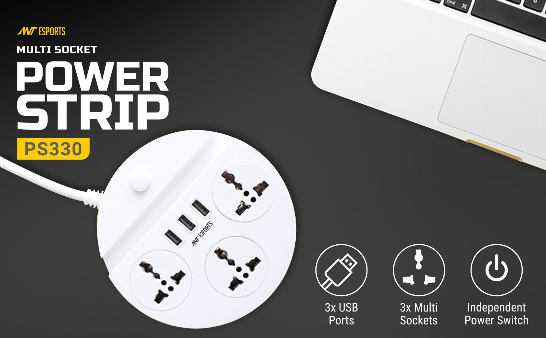 Ant Esports PS330 Power Strip with 3 Universal Sockets, 3 USB Ports (White) Power Strip